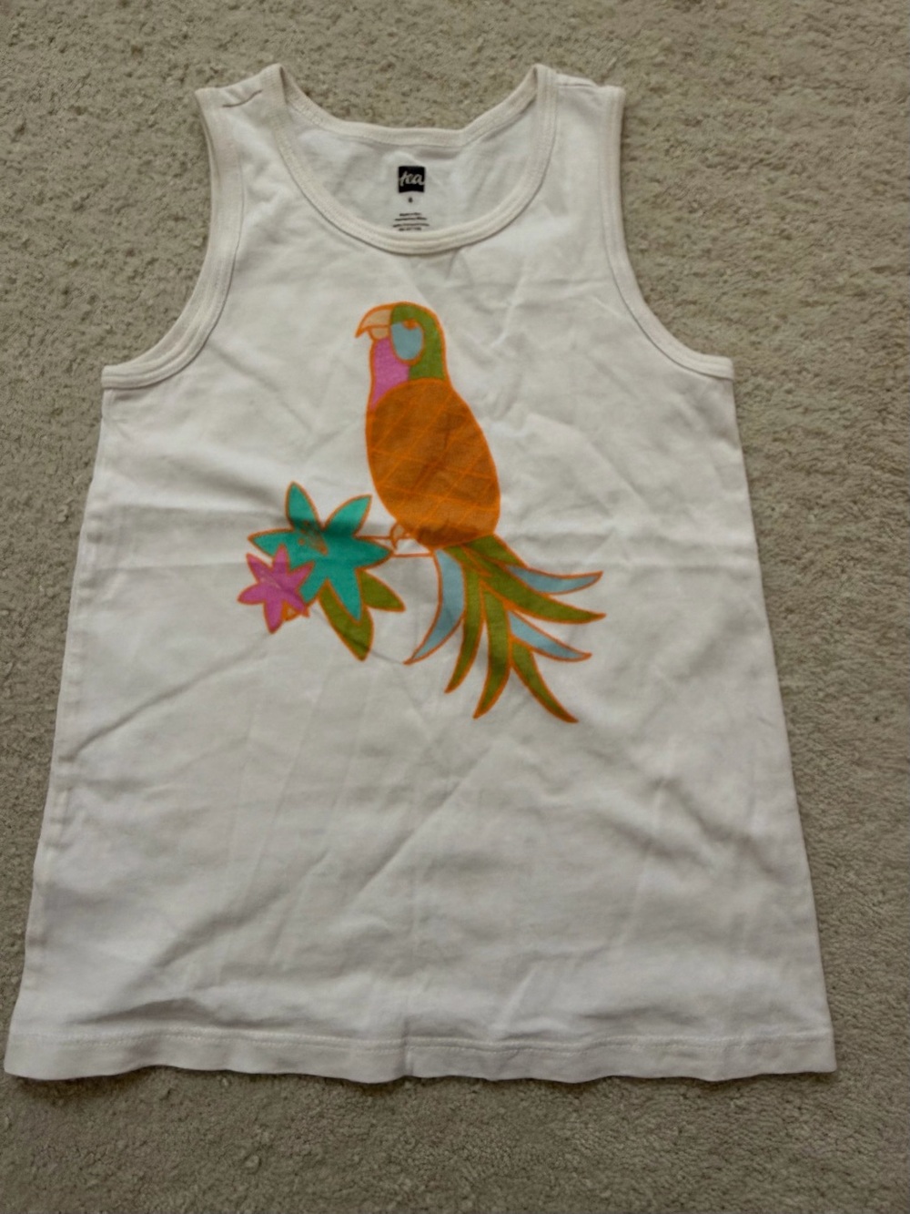Tea Collection White Tank with Orange Parrot and Teal Accents
